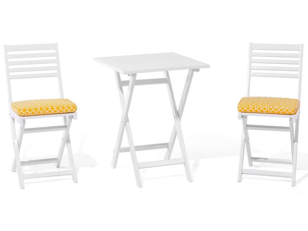 Balkongset av bord och 2 stolar med dynor vit/gul FIJI