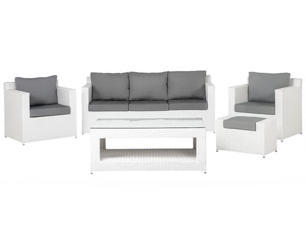 Trädgård Loungegrupp Vit Konstrotting Grå Dynor 6-sits med Bord Ottoman Utomhus Skandinavisk Modern