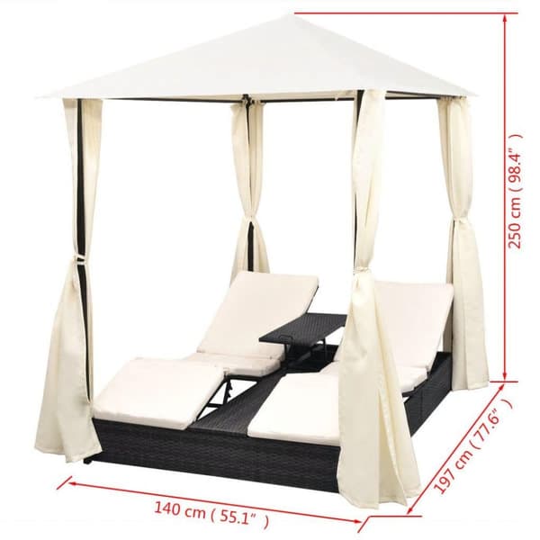 vidaXL dobbelt solseng med gardin polyrattan sort