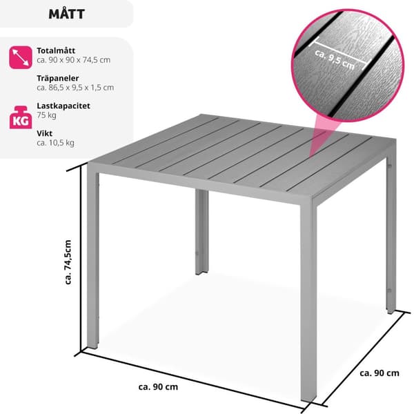 Trädgårdsbord i aluminium Maren höjdjusterbara fötter 90x90x74,5cm - silver