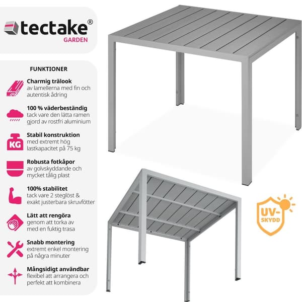 Trädgårdsbord i aluminium Maren höjdjusterbara fötter 90x90x74,5cm - silver