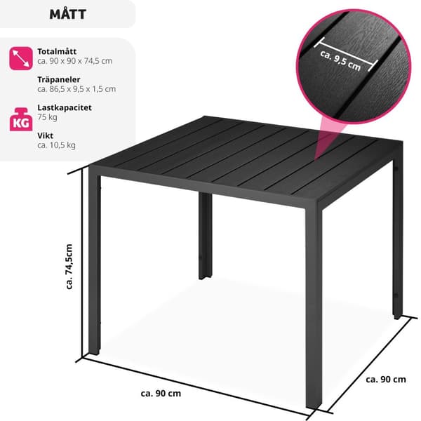 Trädgårdsbord i aluminium Maren höjdjusterbara fötter 90x90x74,5cm - svart