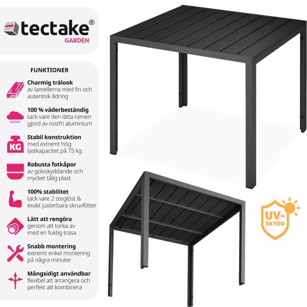 Trädgårdsbord i aluminium Maren höjdjusterbara fötter 90x90x74,5cm - svart
