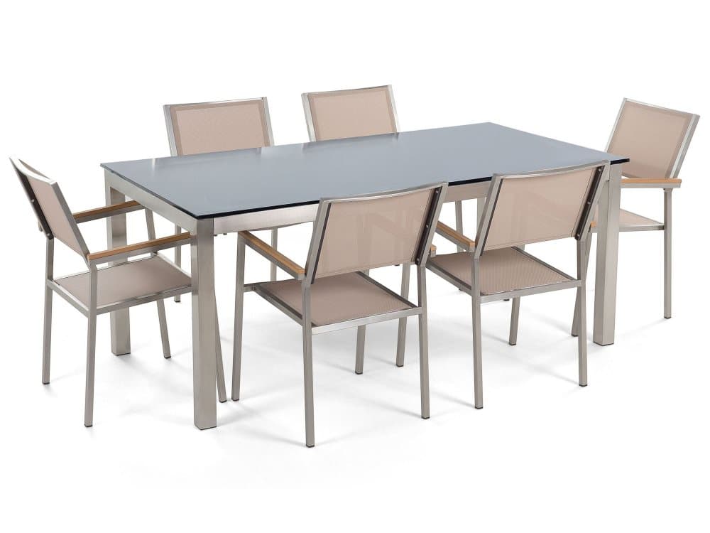 Trädgårdsmöbelset av bord glas och 6 stolar svart/beige GROSSETO