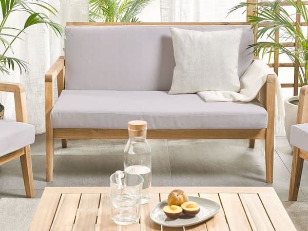 Trädgård Loungegrupp Akaciaträ med Grå Kuddar Soffa med Fåtöljer och Soffbord