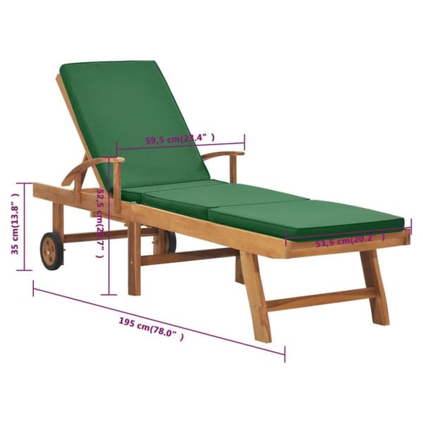 vidaXL Solsäng med dyna massiv teak grön