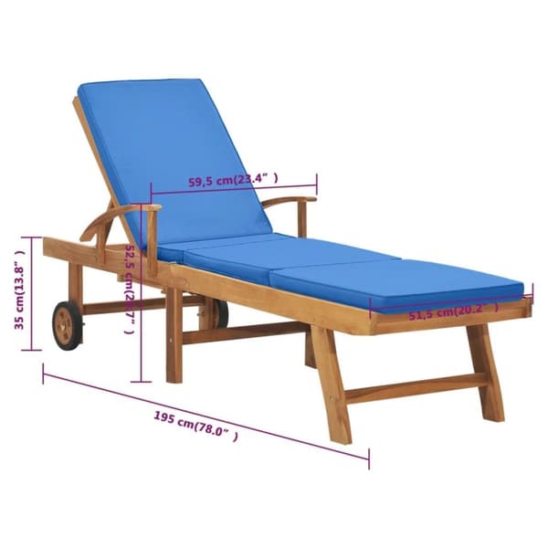 vidaXL Solsäng med dyna massiv teak blå