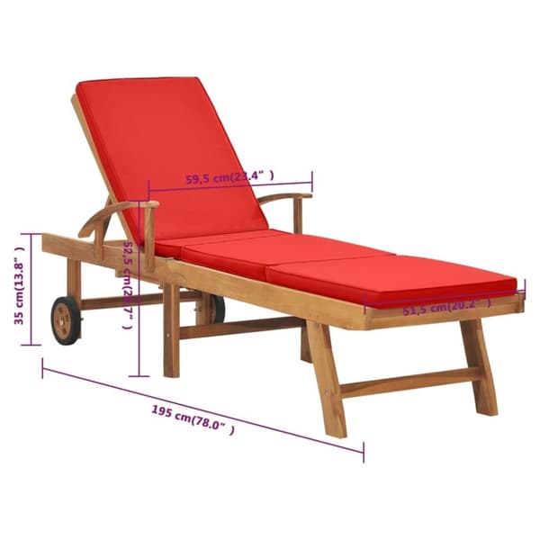 vidaXL Solsäng med dyna massiv teak röd