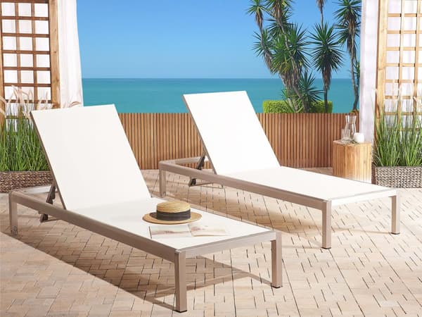 Solseng Hvid Sølv Anodiseret Aluminium og Tekstil 198 x 64 cm Liggestol med Justerbar Nakkestøtte Vedligeholdelsesfri til Udendørs Terrasse