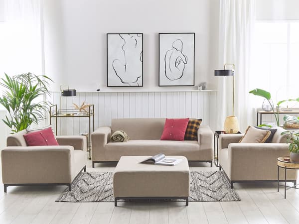 Loungegrupp Beige Tyg med Fotpall 5-sits Vädertålig Utomhus Inomhus