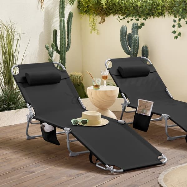 SoBuy 2 stk Sammenklappelige liggestole med nakkestøtte Solsenge med lomme Relaxstole sort OGS35-SCHx2