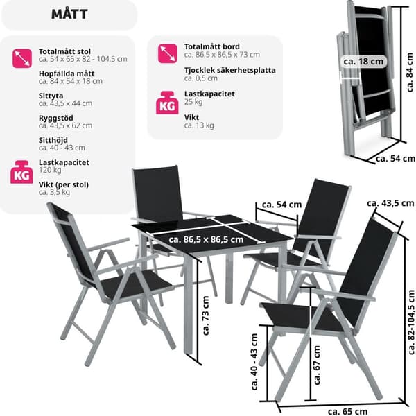 Matgrupp i Aluminium med 4 stolar - silver