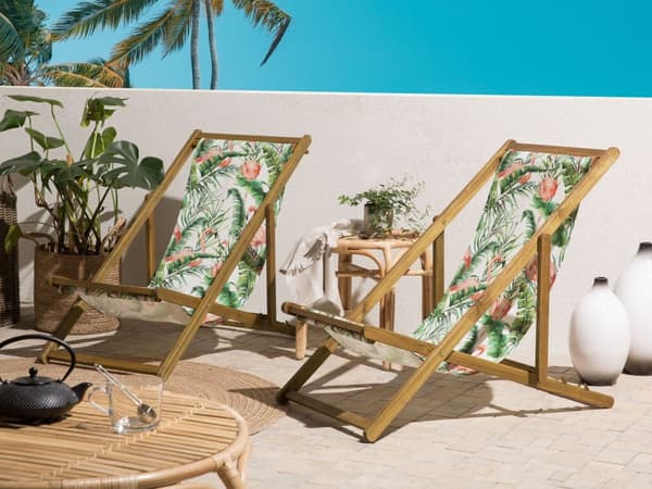 Uppsättning med 2 Solstolar Ljust Akaciaträ Ram Flamingo Motiv Tyg Justerbar Hopfällbar