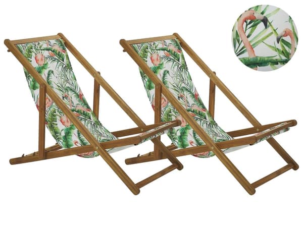 Uppsättning med 2 Solstolar Ljust Akaciaträ Ram Flamingo Motiv Tyg Justerbar Hopfällbar