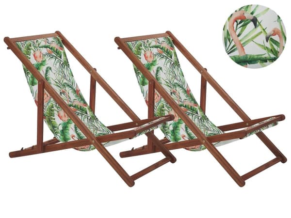 Uppsättning med 2 Solstolar Mörkt Akaciaträ Ram Flamingo Motiv Tyg Justerbar Hopfällbar