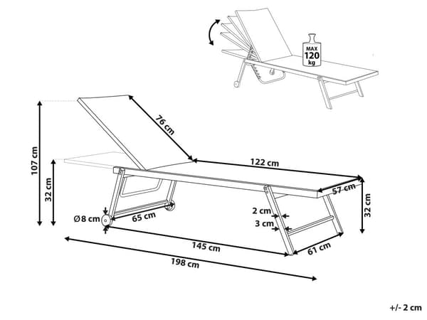 Havestol Rød Aluminium 198 x 61 cm Justerbar Nakkestøtte med Hjul til Gårdhave