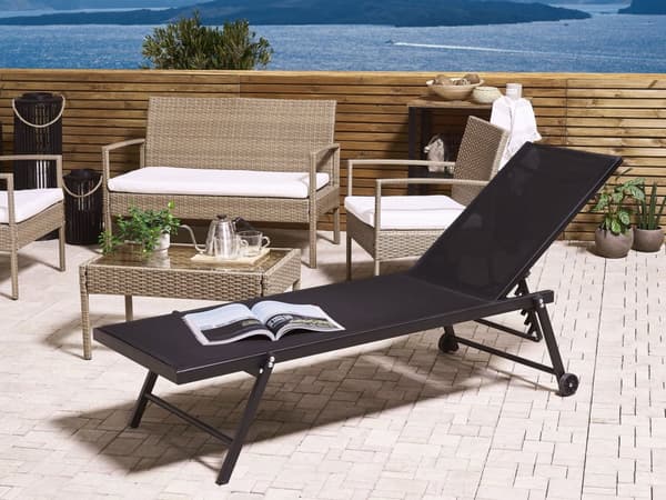 Solsäng Svart Syntetiskt Säte Aluminiumram 198 x 61 cm Justerbart Ryggstöd Patio Trädgård