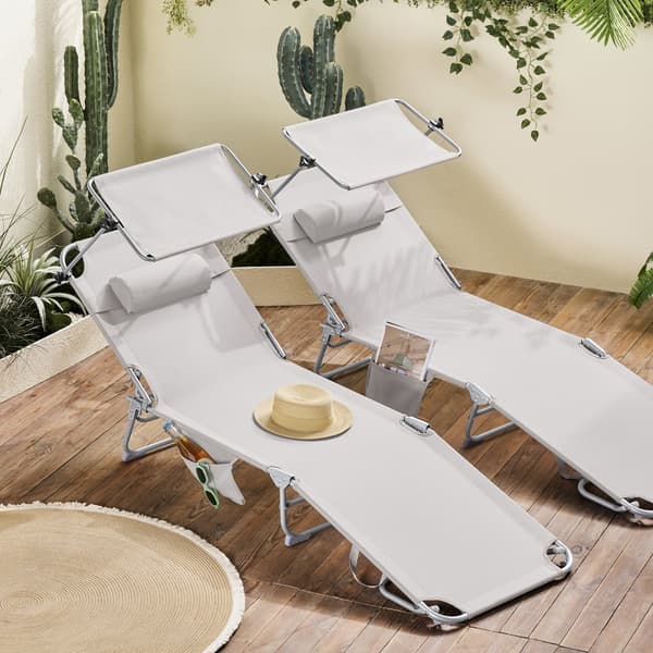 SoBuy Sammenklappelig Solseng med Nakkepude & Justerbar Solskærm – Til Terrasse & Have | Beige OGS48-MI