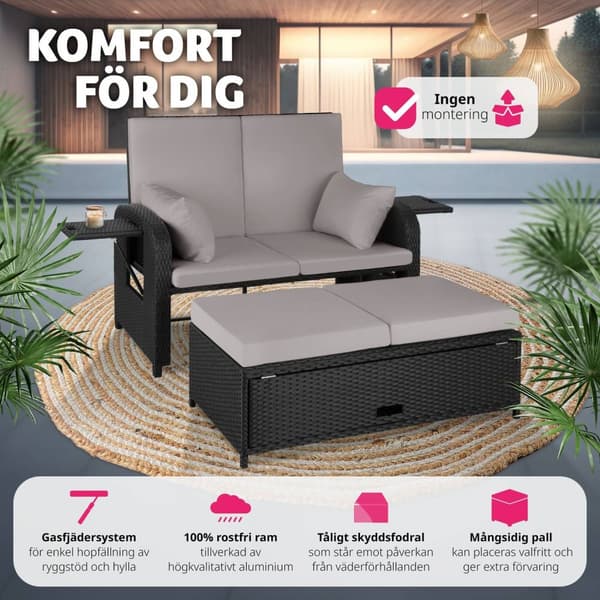 Loungesoffa Kreta i konstrotting, inklusive skyddsöverdrag - svart/grå