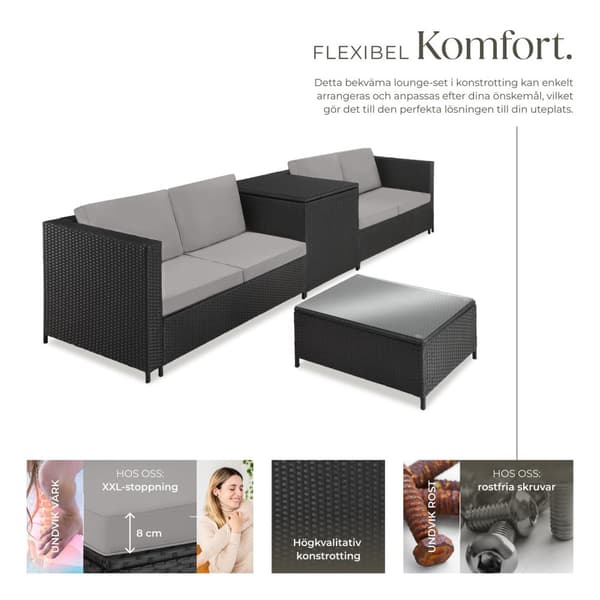 Loungeset/Loungegrupp Siena i konstrotting - svart/grå