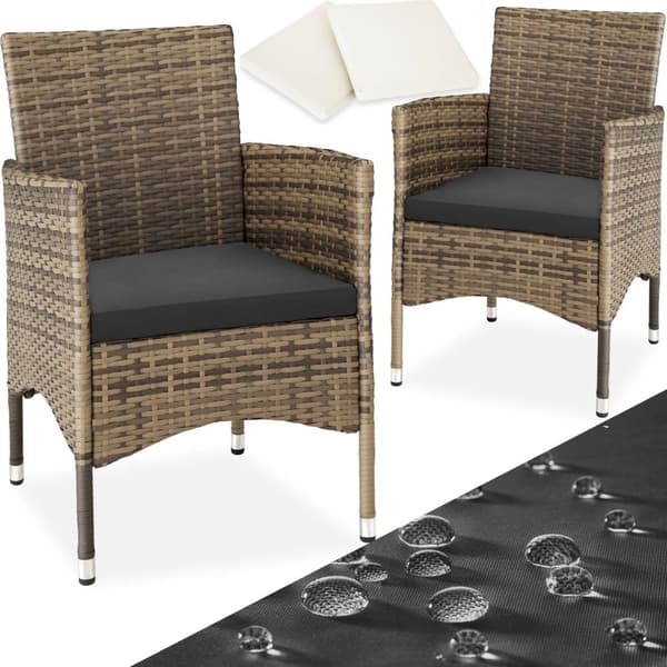 2 polyrattan havestole + hynder med 2 sæt betræk - natur/mørkegrå
