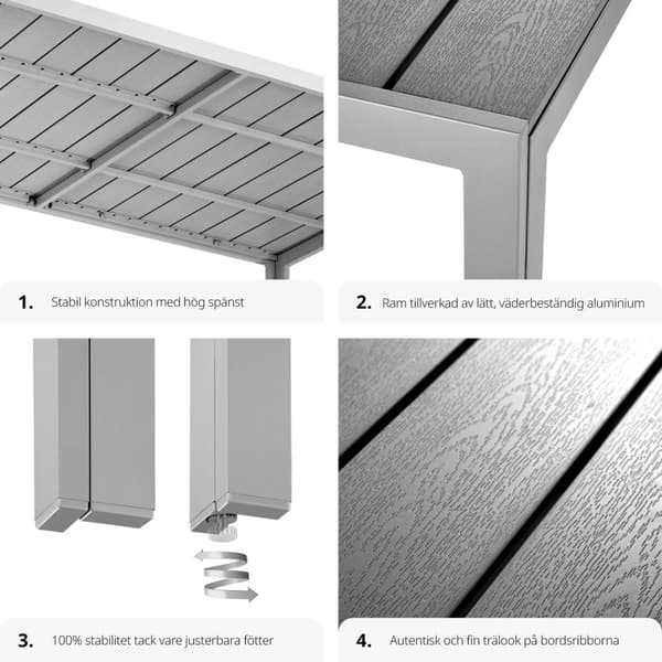 Trädgårdsbord i aluminium Bianca höjdjusterbara fötter 150x90x74,5cm - silver/grå