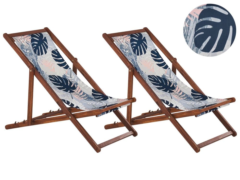 Set med 2 hopfällbara solstolar Mörkt trä Palmbladsmönster Blå ANZIO