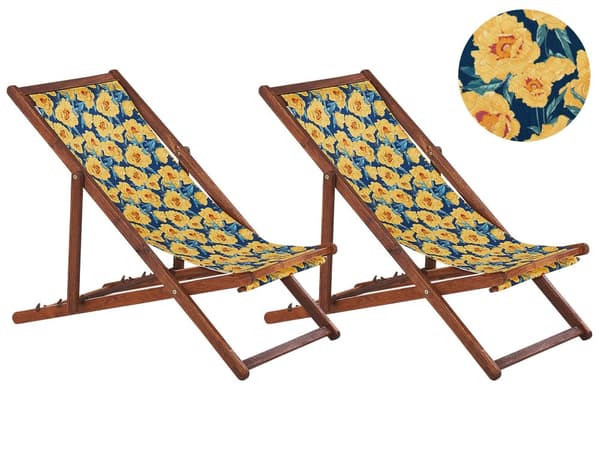Uppsättning av 2 Solstolar Mörkt Akaciaträ Ram Flamingo Motiv Tyg Justerbar Hopfällbar