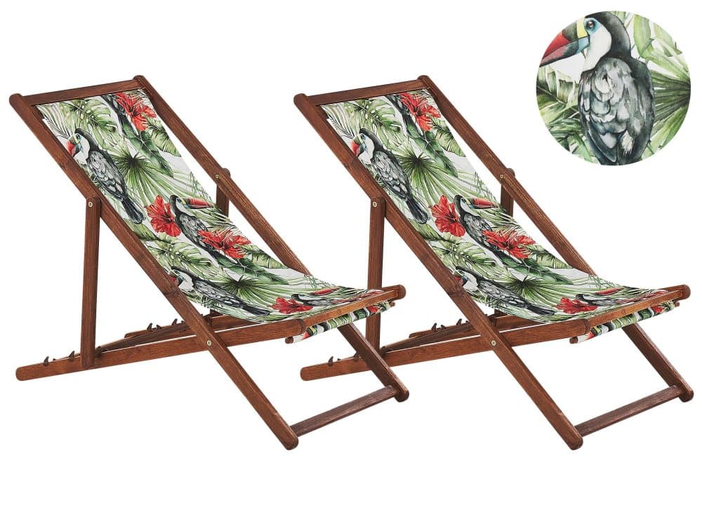 Set med 2 hopfällbara solstolar Mörkt trä Tukanmönster ANZIO