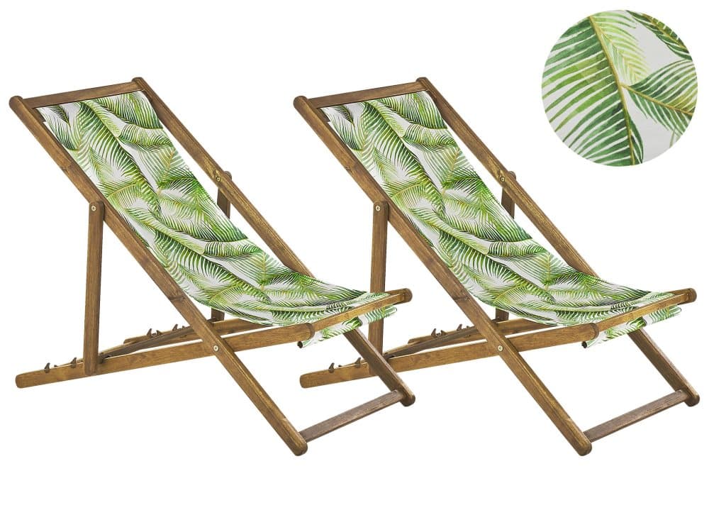 Set med 2 hopfällbara solstolar Ljust trä Palmbladsmönster ANZIO