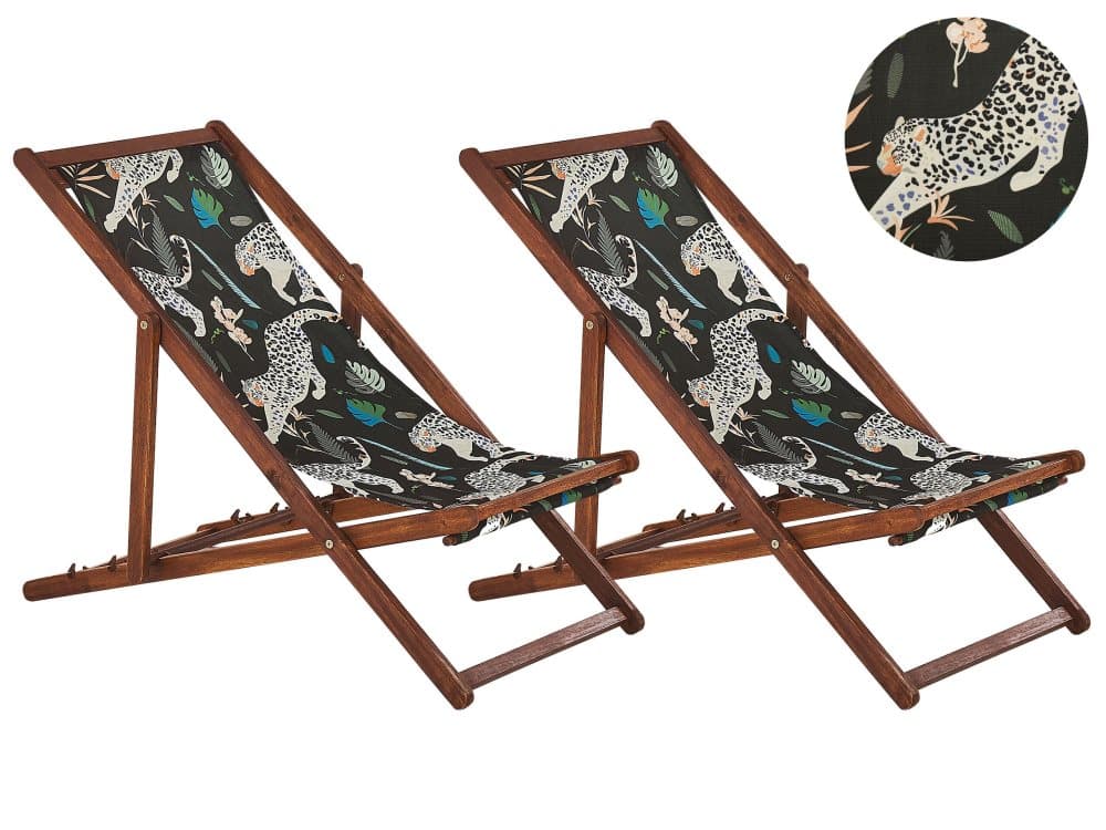 Set med 2 hopfällbara solstolar Mörkt trä Djurmönster ANZIO