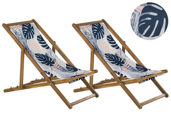 Uppsättning av 2 Solstolar Ljust Akaciaträ Ram Flamingo Motiv Tyg Justerbar Hopfällbar