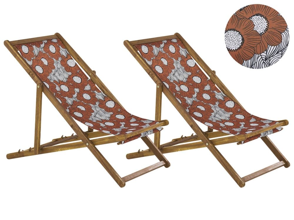 Set med 2 hopfällbara solstolar Ljust trä Vallmomönster ANZIO