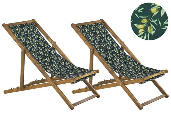 Uppsättning av 2 Solstolar Ljust Akaciaträ Ram Flamingo Motiv Tyg Justerbar Hopfällbar