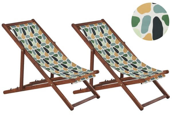 Uppsättning av 2 Solstolar Mörkt Akaciaträ Ram Flamingo Motiv Tyg Justerbar Hopfällbar