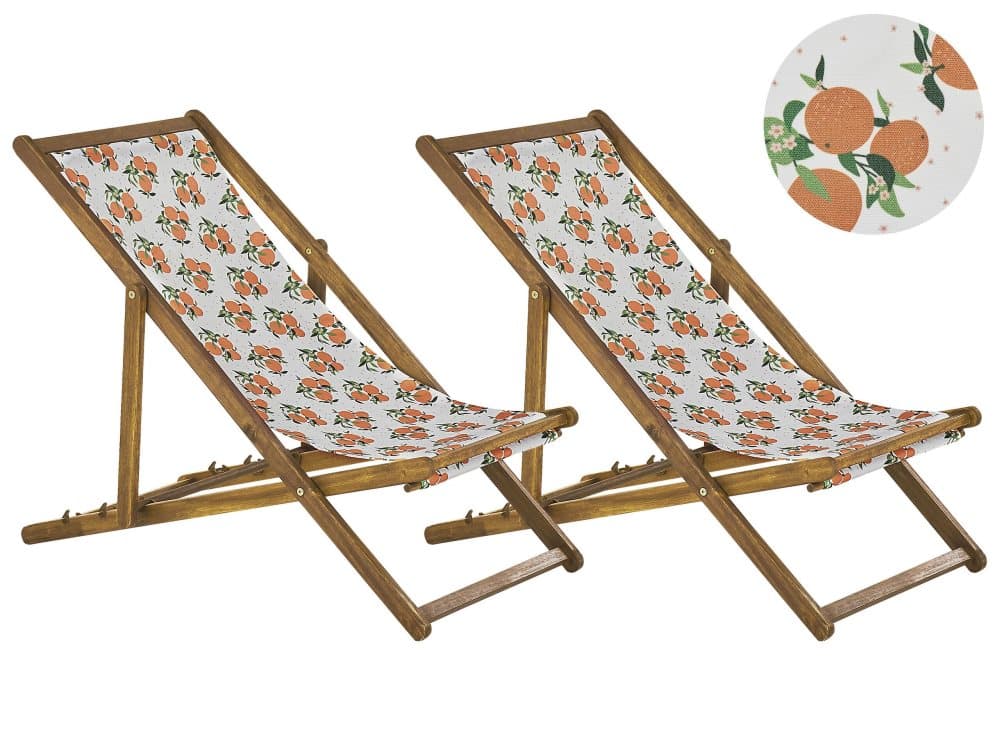 Set med 2 hopfällbara solstolar Ljust trä Apelsinmönster ANZIO