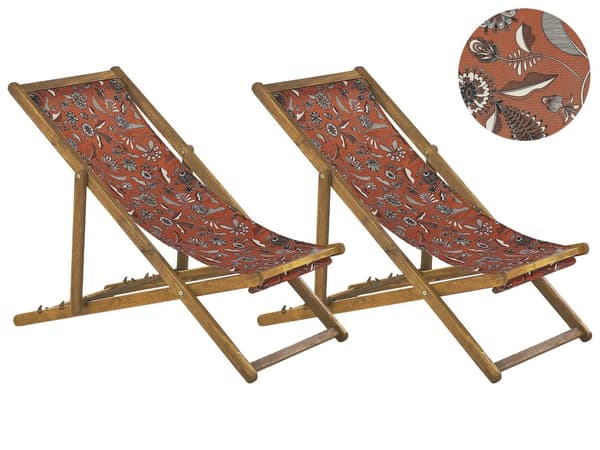 Uppsättning av 2 Solstolar Ljust Akaciaträ Ram Flamingo Motiv Tyg Justerbar Hopfällbar