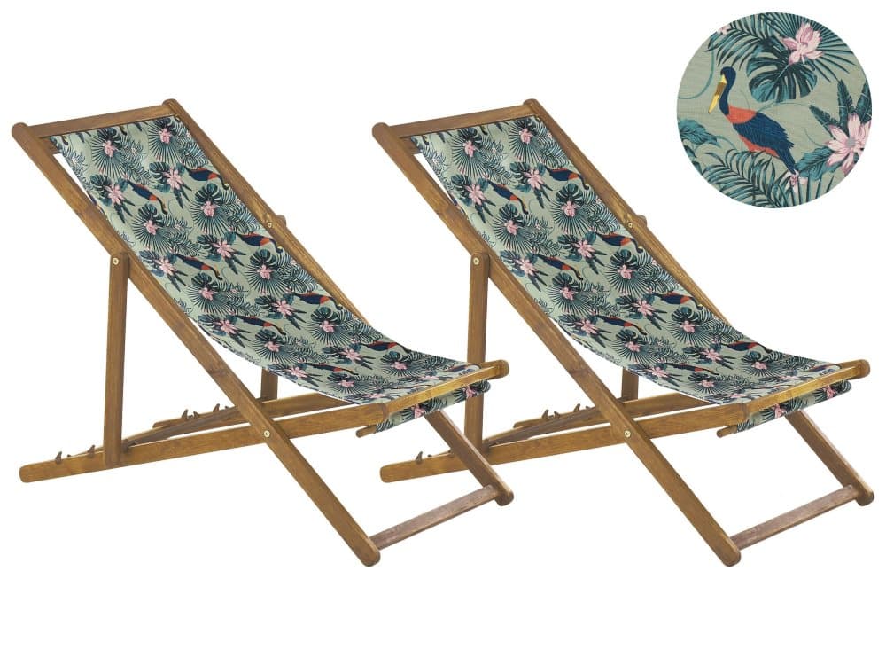 Set med 2 hopfällbara solstolar Ljust trä Pelikanmönster ANZIO