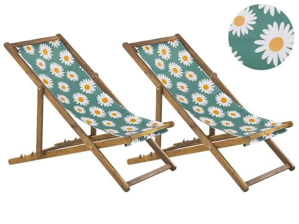 Uppsättning av 2 Solstolar Ljust Akaciaträ Ram Flamingo Motiv Tyg Justerbar Hopfällbar