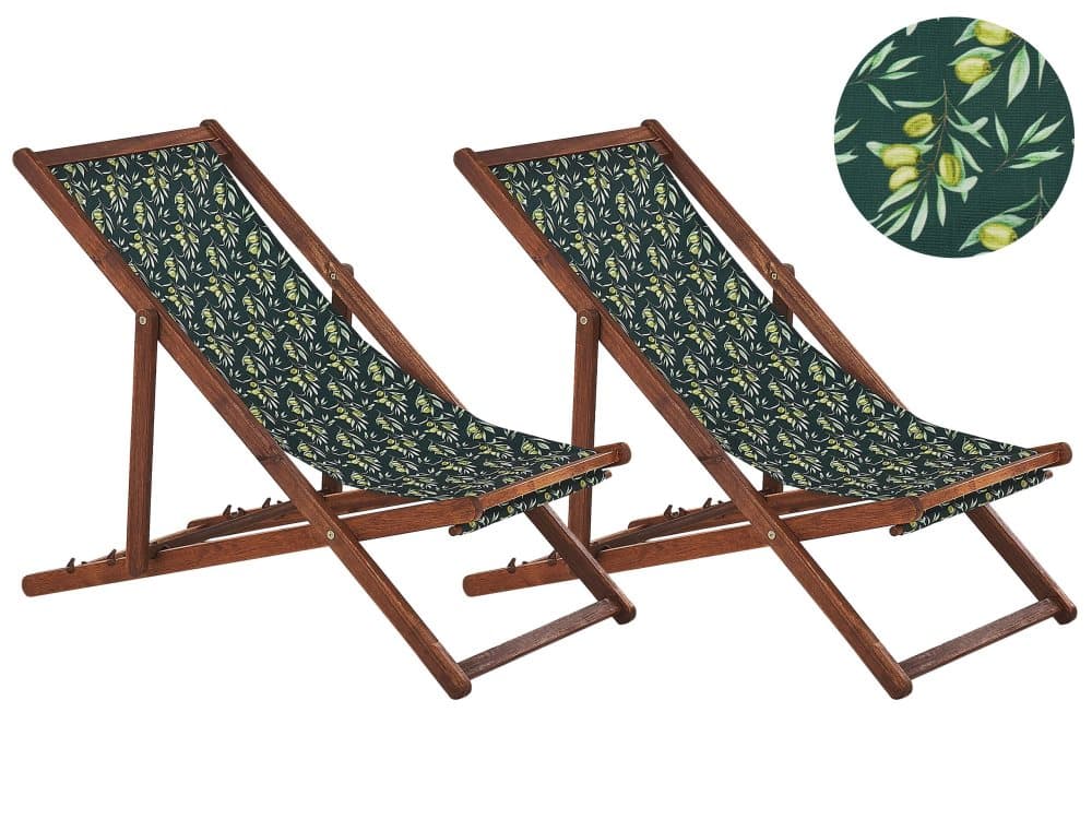 Set med 2 hopfällbara solstolar Mörkt trä Olivmönster ANZIO