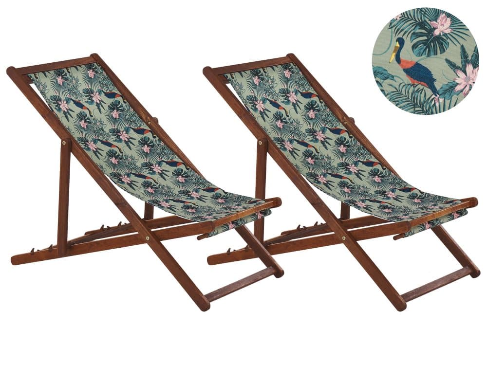 Set med 2 hopfällbara solstolar Mörkt trä Pelikanmönster ANZIO