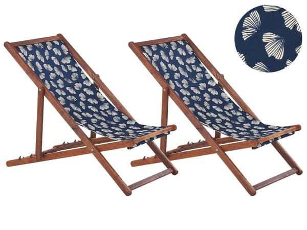 Uppsättning av 2 Solstolar Mörkt Akaciaträ Ram Flamingo Motiv Tyg Justerbar Hopfällbar