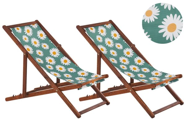 Uppsättning av 2 Solstolar Mörkt Akaciaträ Ram Flamingo Motiv Tyg Justerbar Hopfällbar