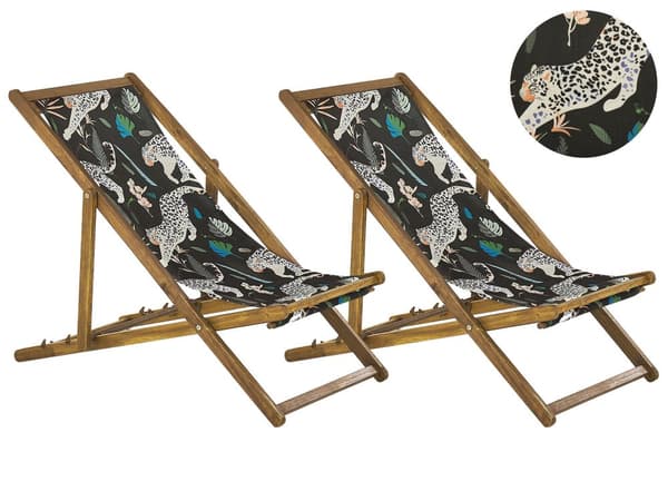Uppsättning av 2 Solstolar Ljust Akaciaträ Ram Flamingo Motiv Tyg Justerbar Hopfällbar