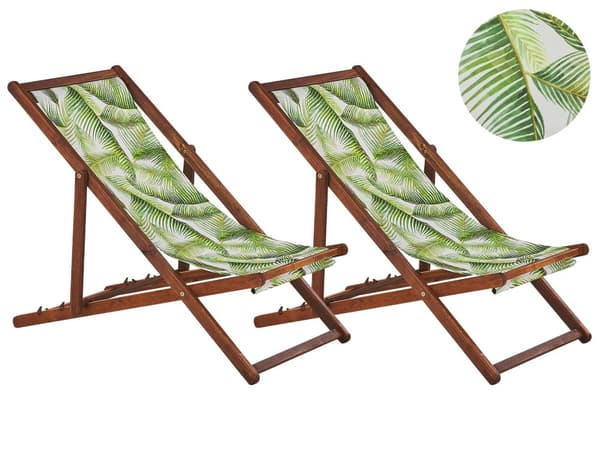 Uppsättning av 2 Solstolar Mörkt Akaciaträ Ram Flamingo Motiv Tyg Justerbar Hopfällbar