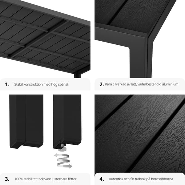 Trädgårdsbord i aluminium Bianca höjdjusterbara fötter 150x90x74,5cm - svart/svart