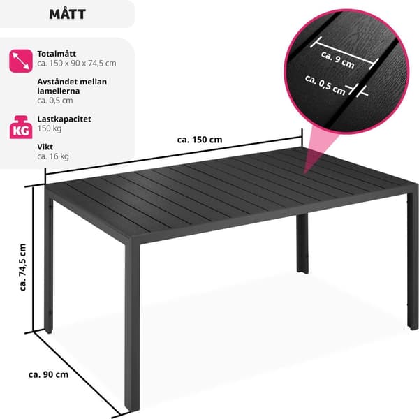 Trädgårdsbord i aluminium Bianca höjdjusterbara fötter 150x90x74,5cm - svart/svart
