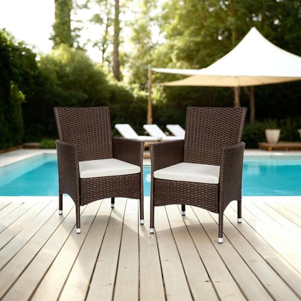 2 polyrattan havestole + hynder med 2 sæt betræk - brun/beige