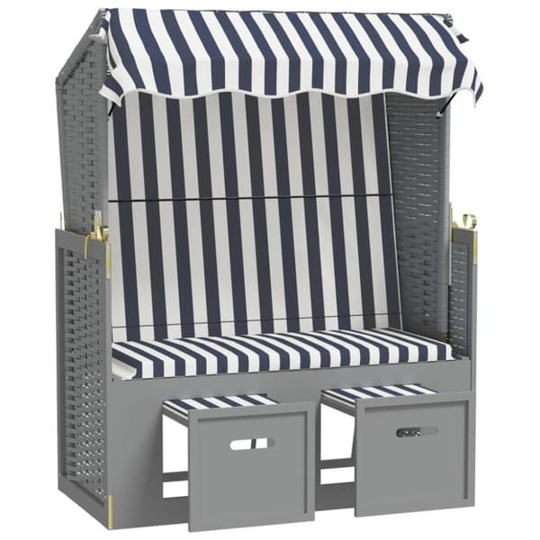 vidaXL Strandkorg med tak konstrottning och massivt trä blå&vit