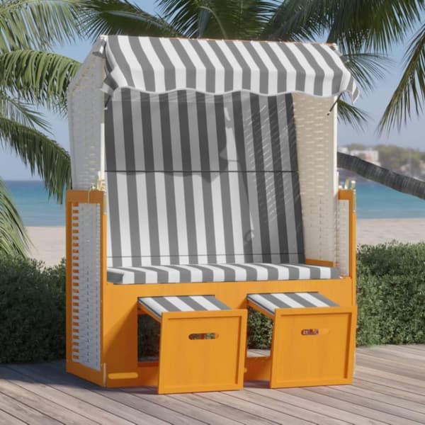 vidaXL Strandkorg med tak konstrottning och massivt trä vit & grå